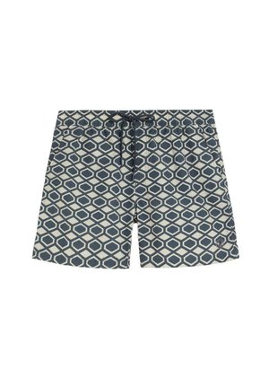 Bañadores de hombre con cintura elástica y cordón, con un diseño geométrico de hexágonos en azul marino y blanco.