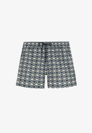Pantaloni scurți de baie pentru bărbați cu talie elastică și șnur, cu un model geometric hexagonal în bleumarin și alb.
