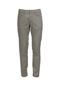 Olijfgroene, rechte broek van een katoenmix. Heeft vijf zakken en een metalen knoopsluiting aan de taille.