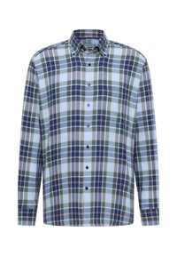Heren overhemd met lange mouwen, geruit in groen, marineblauw en lichtblauw. Voorzien van een button-down kraag, knopen aan de voorkant en een rechte zoom.