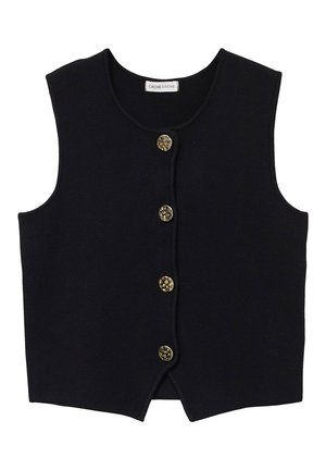 Zwarte mouwloze vest met een ronde halslijn en vier getextureerde bruine knopen in het midden aan de voorkant.