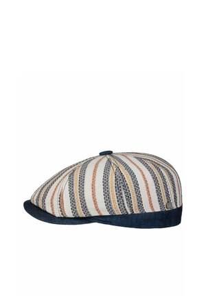 Flat cap with vertical stripes in beige, navy, rust, and mustard, featuring a navy brim and button on top.