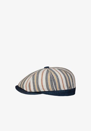 Flat cap with vertical stripes in beige, navy, rust, and mustard, featuring a navy brim and button on top.