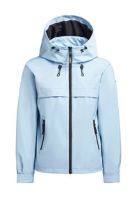 Veste imperméable bleu clair avec capuche, fermeture éclair à l'avant et deux poches latérales. Présente des accents noirs et des cordons de serrage réglables.