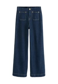 Jean en denim bleu foncé à jambes larges, avec des poches avant à rabat et une fermeture à bouton à la taille.