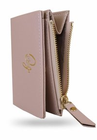 Rosa konstläderplånbok med guldblixtlås, kompakt design och signaturlogotyp. Har flera fack för kort och mynt.