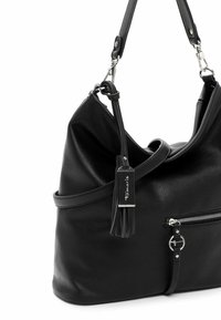 Black leather shoulder bag with a soft texture, featuring a zippered front pocket, tassel accent, and adjustable strap.