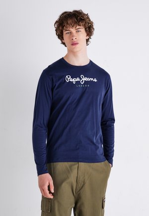 Mörkblå långärmad t-shirt i mjuk bomull med rund halsringning; har en vit "Pepe Jeans"-logotyp och "LONDON" i grönt under.