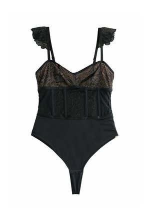 Svart spets bodysuit med genomskinlig blommig spetstopp, fläktande spetsaxelband och botten av solidt tyg med tanga-snitt.