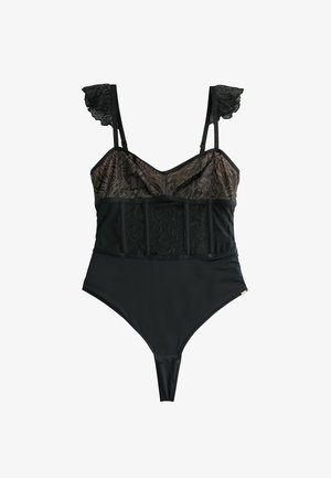 Svart spets bodysuit med genomskinlig blommig spetstopp, fläktande spetsaxelband och botten av solidt tyg med tanga-snitt.