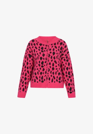Cardigan tricotat roz aprins cu pete negre de leopard, fermoar complet în față, gât rotund și manșete și tiv cu elastic.