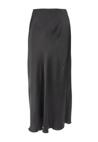 Schwarzer Satin-Maxirock mit einem fließenden Design, das eine glatte Textur und einen dezenten Glanz aufweist. Der Saum ist leicht geschwungen, um zusätzliche Bewegung zu verleihen.