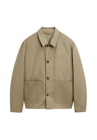 Beige lichtgewicht jack met een kraag, sluiting met knopen aan de voorkant en twee grote voorzakken. Gemaakt van een gladde, duurzame stof.