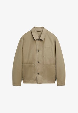 Beige leichte Jacke mit Kragen, vorderem Knopfverschluss und zwei großen Vordertaschen. Hergestellt aus einem glatten, strapazierfähigen Stoff.
