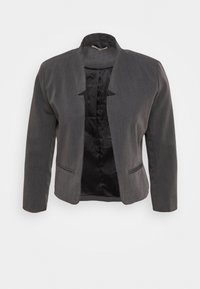 Harmaa bleiseri, jossa on kaulukseton muotoilu, etutaskut ja sileä vuori. Ominaisuuksiin kuuluu jämäkkä muoto ja teksturoitu kangas.