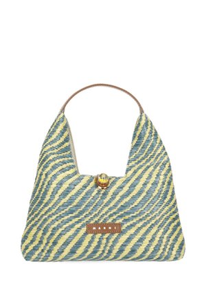 Piccola borsa Marni con motivo a zigzag intrecciato giallo e blu e manico singolo in pelle marrone.