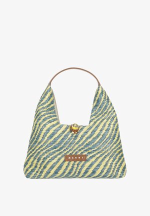 Piccola borsa Marni con motivo a zigzag intrecciato giallo e blu e manico singolo in pelle marrone.