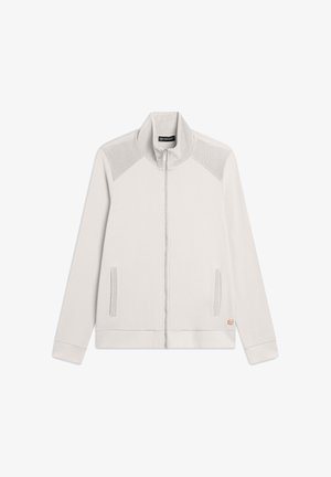 Giacca zip-up grigia chiara con colletto alto, pannelli texture sulle spalle e due tasche laterali. Presenta un dettaglio di marca sul lato inferiore.