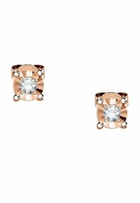 Ohrringe aus Roségold mit einem zentralen klaren Edelstein, der ein rundes, geripptes Design und kleine kugelförmige Akzente aufweist.