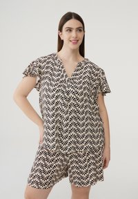 Rompere a maniche corte nero e beige con un motivo a foglia e scollo a V, caratterizzato da una vestibilità comoda, realizzato in tessuto leggero.
