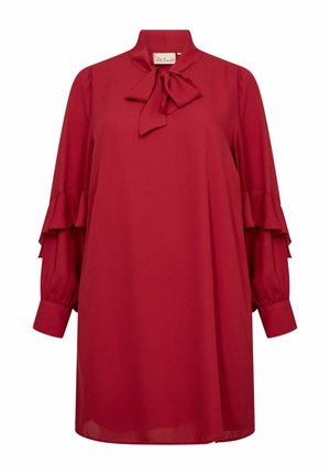 Rode jurk met lange mouwen, ruches aan de uiteinden en een striksluiting bij de hals, met een hoge kraag en een losse pasvorm.