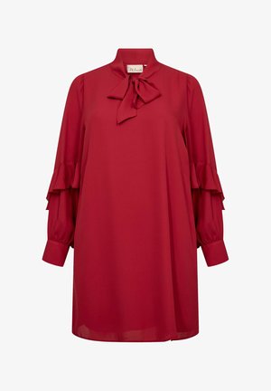 Rochie roșie cu mâneci lungi, cu manșete încrețite și guler cu fundă, având un guler înalt și o croială lejeră.