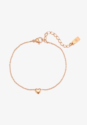 Delicaat roségouden kettingarmbandje met een kleine hartvormige bedel in het midden en een verstelbare sluiting met een label aan het uiteinde.