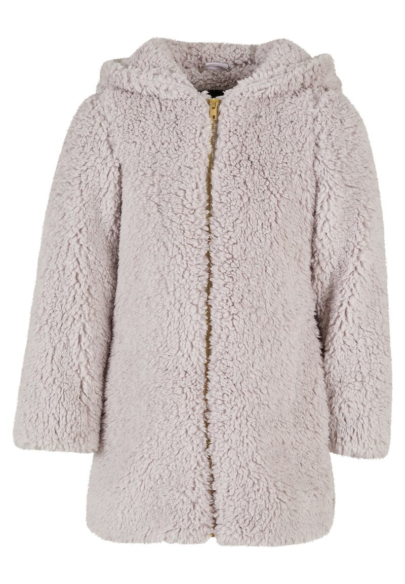 Faux fur-huvjacka i ljusrosa, med dragkedja fram, långa ärmar och en texturerad, fluffig yta för värme och komfort.