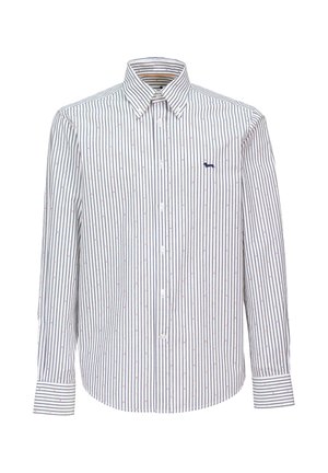 Heren overhemd met knopen, verticale marineblauwe strepen, kleine gekleurde stippen en een logo op de borst. Katoen, lange mouwen, klassieke kraag.