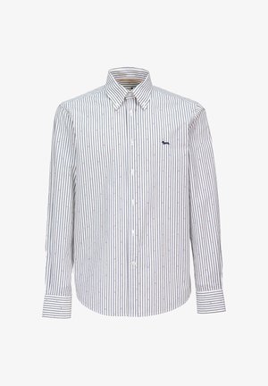 Heren overhemd met knopen, verticale marineblauwe strepen, kleine gekleurde stippen en een logo op de borst. Katoen, lange mouwen, klassieke kraag.