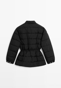 Black quilted puffer jacket with cinched waist and snap-button cuffs, displayed flat showing the back side.