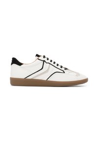 White leather sneakers with black and beige accents, textured rubber sole, rounded toe, and black laces. Distinctive side panel design.