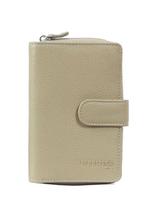 Beige Ledergeldbörse mit strukturiertem Finish, Reißverschluss oben und einer Klappe mit Druckknopfverschluss, die dezente Markenprägung auf der Vorderseite aufweist.