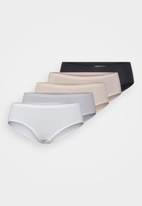 Fem par kvinnors trosor i olika färger: svart, ljusgrå, mjuk rosa, beige och vit. Släta tyger med sömlös design och elastisk midjeband.