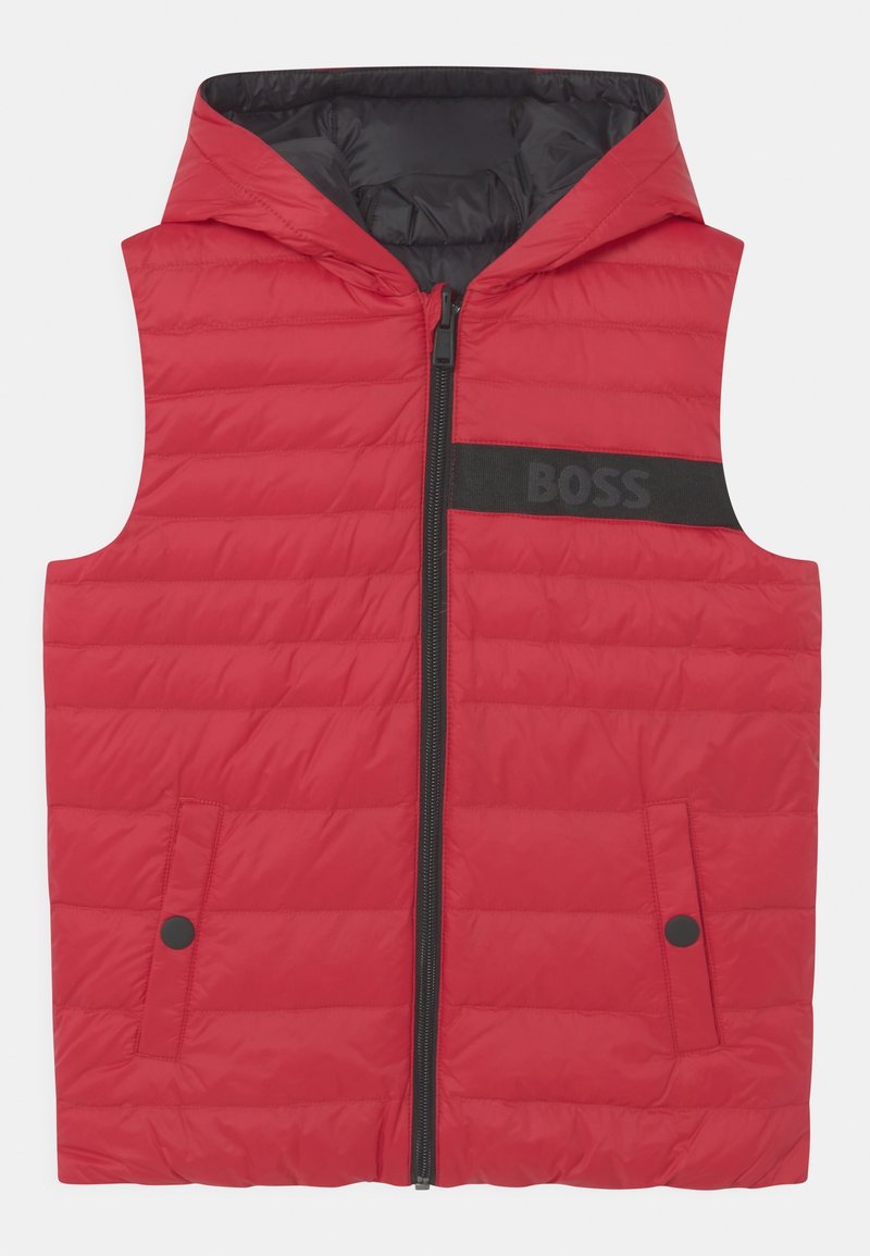 Red quilted vest with a hood, featuring a black zipper and a black BOSS logo on the chest area. Closed with a front zip and side pockets.