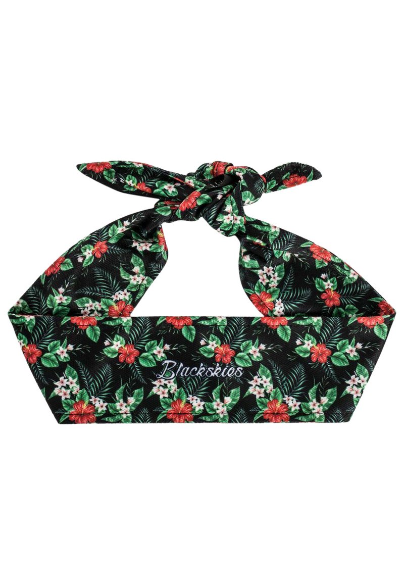 Floral headband featuring a black background with green leaves and red flowers. Tied knot detail at the top and embroidered "Blackskies" logo.