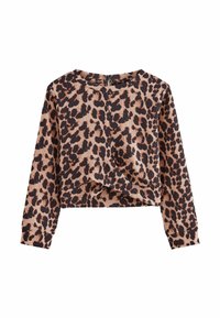 Cropped džemper s leopard uzorkom koji ima duge rukave, okrugli izrez i preokret sprijeda. Izrađen je od teksturiranog materijala u bež i crnoj boji.