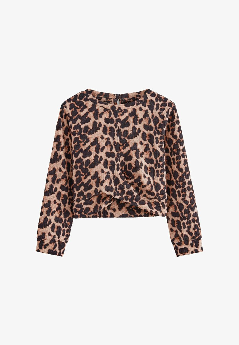 Kratzer aus Leopardenmuster mit langen Ärmeln, rundem Halsausschnitt und einer Drehung vorne. Hergestellt aus einem strukturierten Stoff in Beige und Schwarz.