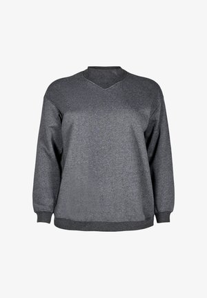 Sudadera gris de cuello en V, con puños y dobladillo acanalados. Fabricada en una suave tela texturizada. Presenta mangas largas y un corte holgado.