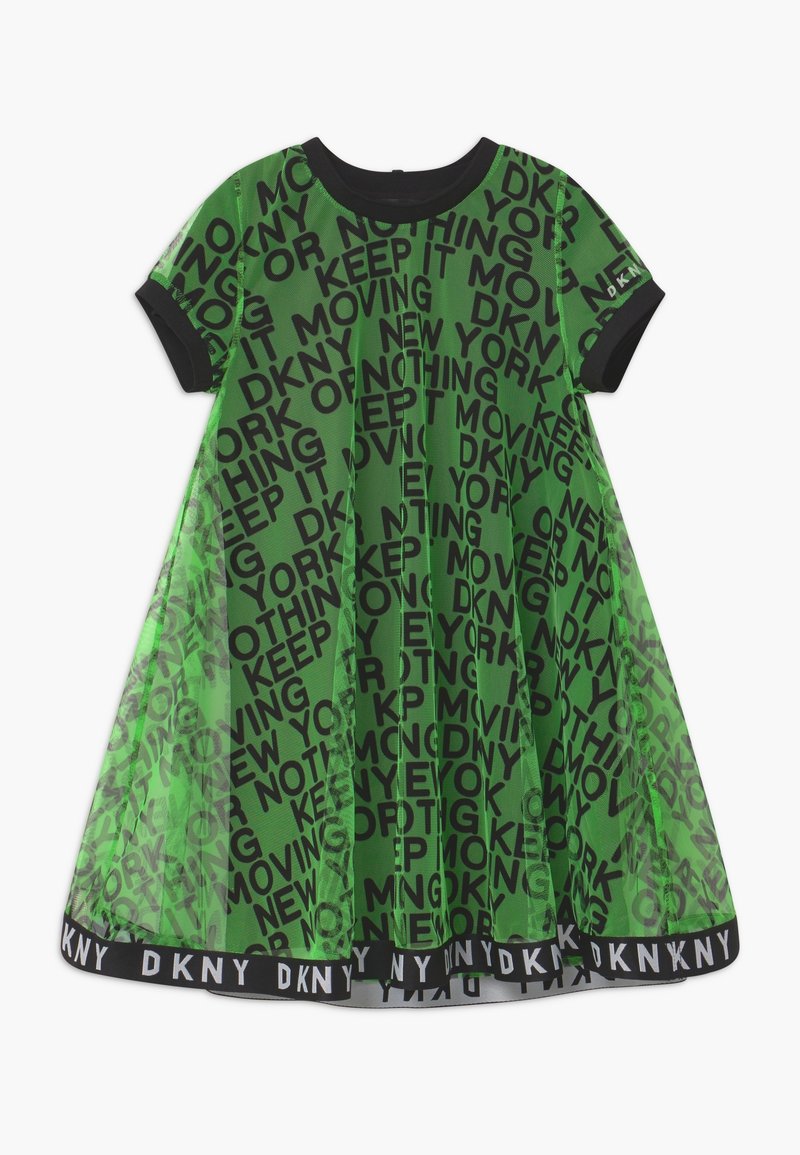 Zelené šaty s černým potištěným textem, krátkými rukávy, kulatým výstřihem a černým pasem. Vyrobeno z lehkého síťového materiálu.
