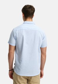 Korte mouwen blauw-wit gestreept shirt met een kraag. Lichtgewicht stof, gestructureerd patroon en een gebogen zoom. Achteraanzicht weergegeven.