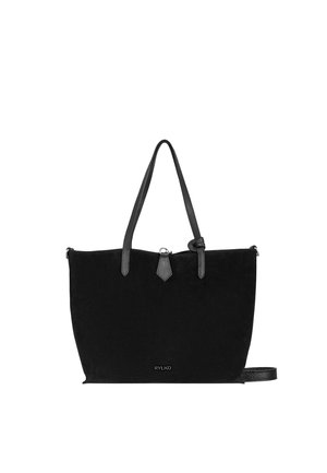 Borsa tote nera con manici lunghi, dettaglio a nodo su una tracolla e piccolo logo del marchio "RYEKO" al centro davanti.