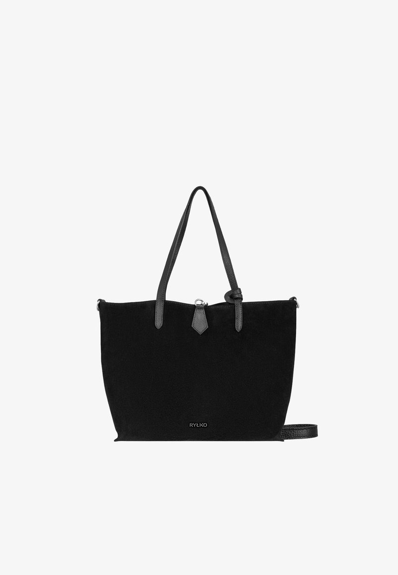 Sac cabas noir avec longues anses, un détail nœud sur une bretelle et un petit logo de marque « RYEKO » au centre devant.