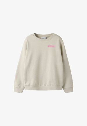 Sudadera beige de manga larga con puños y dobladillo acanalados, con texto rosa "CONFIDENT" en la parte superior izquierda del pecho.