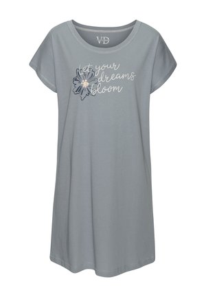 Hellblaues Kleid mit kurzen Ärmeln, "Lass deine Träume erblühen" Schriftzug und floralem Motiv auf der Vorderseite.