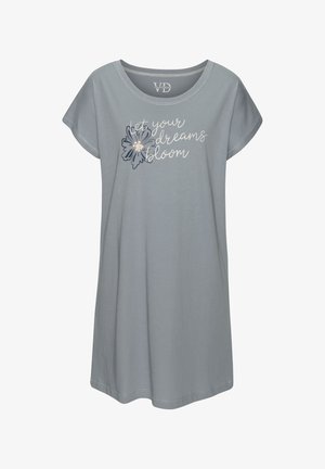 Hellblaues Kleid mit kurzen Ärmeln, "Lass deine Träume erblühen" Schriftzug und floralem Motiv auf der Vorderseite.