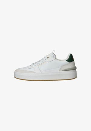White sneakers with a smooth leather upper, suede toe cap, olive green heel accent, and gum rubber outsole. Features lacing and branding details.