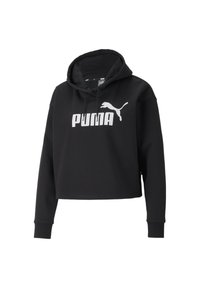 Sudadera corta negra con capucha ajustable, que presenta un gran logo blanco de "PUMA" en la parte frontal y puños acanalados. Textura de tela suave.