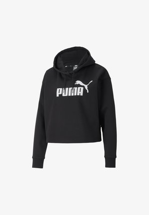 Felpa nera corta con cappuccio regolabile, caratterizzata da un grande logo bianco "PUMA" sulla parte anteriore e polsini a costine. Tessuto morbido.