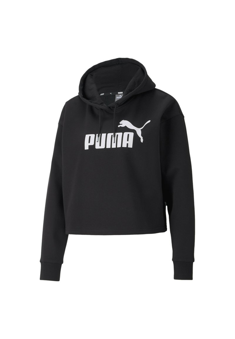 Sudadera corta negra con capucha ajustable, que presenta un gran logo blanco de "PUMA" en la parte frontal y puños acanalados. Textura de tela suave.